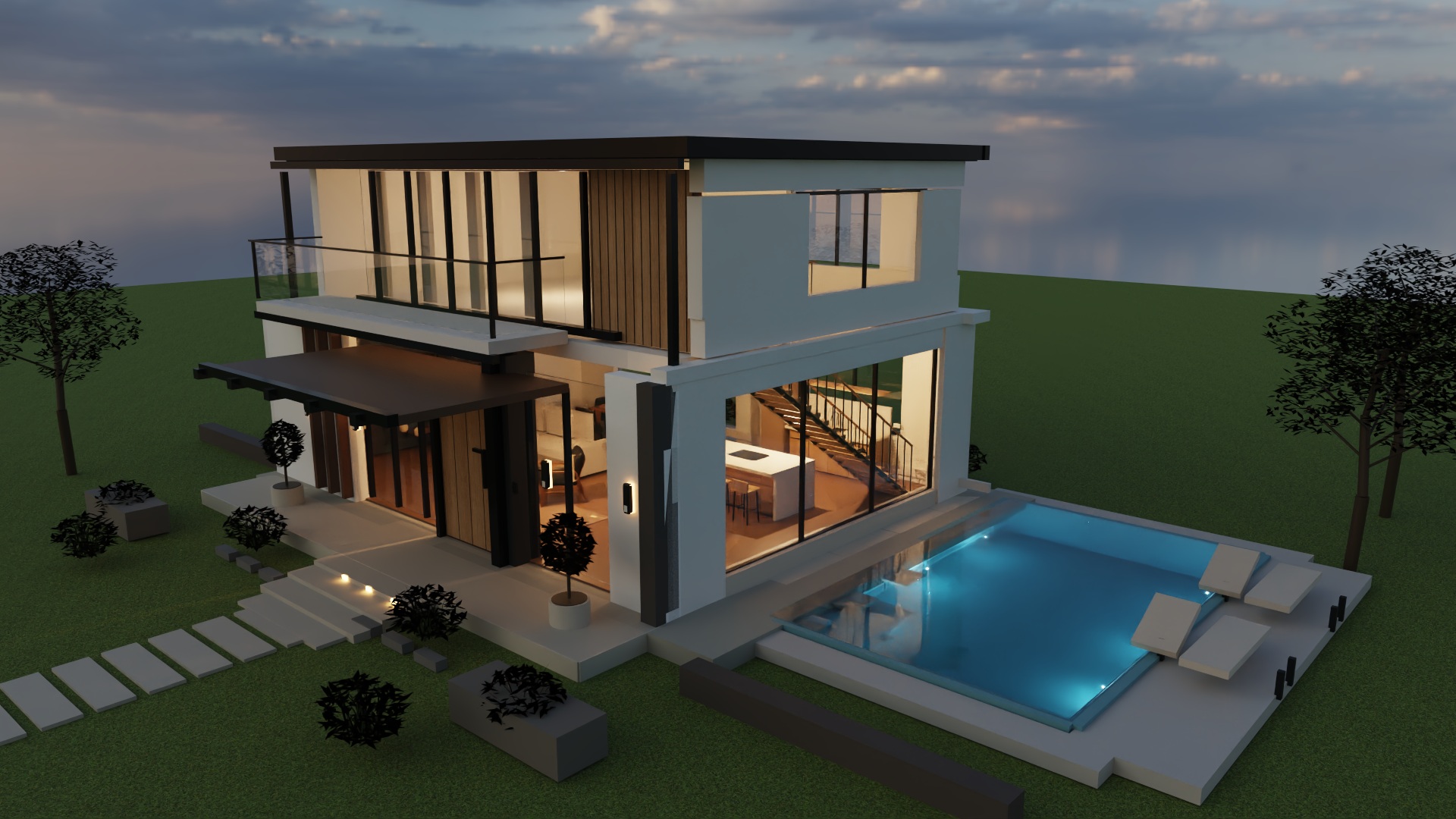 The finished Neeuman house and illuminated pool